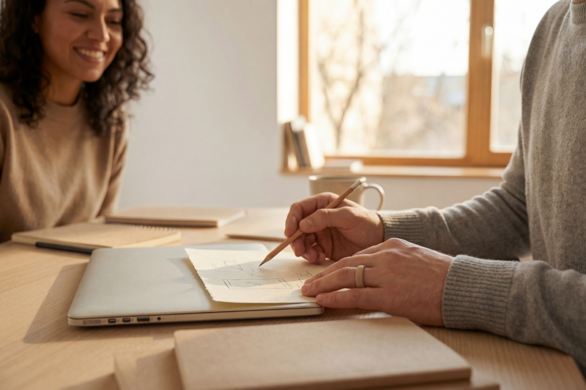 Two people sitting at a table with a pen and paper